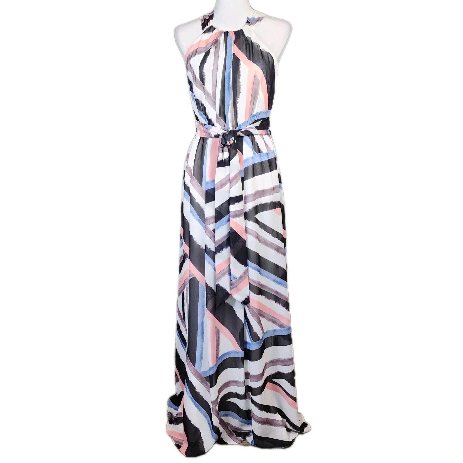 Vince Camuto Maxi Dress Womens 2 Gray Pink Geometrical Square Back Flowy Casual